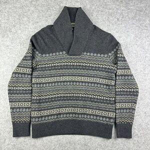 Banana Republic Shawl Collar Sweater Mens L Gray Fair Isle Geometric Merino Wool